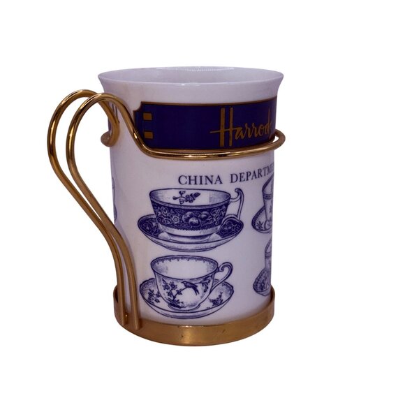 Vintage Harrods Fine Bone China Department Mug Blue Teacup Brass Holder - Picture 4 of 4